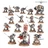 A collection of 15 miniature figures from the Warhammer 40,000 universe, showcasing the Black Templars and Grey Knights. The front center features a prominent character in ornate armor, holding a banner, flanked by various warriors equipped with swords, guns, and other weapons. The figures are painted in a mix of silver, black, and red, with intricate details highlighting their armor and weaponry, set against a simple brown base.