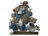 A stylized illustration features Captain Connor "Boom Boom" McCoy standing atop a large, armored warjack. The warjack is primarily painted in shades of blue and gold, with various mechanical details, including multiple cannons and a prominent skull emblem. McCoy, wearing a red cape and goggles, points forward confidently, ready for action, while the base of the image shows cracked stone, suggesting a dynamic battlefield setting.