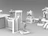 A collection of 8mm scale miniatures and terrain pieces from the Space Denizens expansion titled "Mecha." The scene includes two infantry figures, one aiming a weapon, and a larger mech figure, all rendered in a white material. Surrounding them are various terrain features such as cylindrical silos, crates, and a small building, all designed to enhance gameplay in the wargame.
