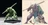 A green resin miniature of a cloaked figure crouches on a black base, showcasing intricate details in its design. Beside it, an illustration depicts a large armored knight wielding a spear, adorned with a flowing green cape, and standing over a defeated foe. The contrasting styles highlight the unique characters from Westfalia Publishing's new Kickstarter campaign, "The Lich Knights."