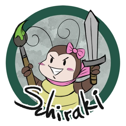 A comic roach holding a sword and a paintbrush