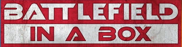 A bold graphic features the text "BATTLEFIELD IN A BOX" prominently displayed in large, stylized letters. The background is a textured red, contrasting with the white and silver elements of the text. The overall design conveys a strong, dynamic feel, suitable for a tabletop gaming context.