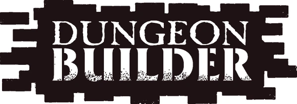 The image features the text "DUNGEON BUILDER" prominently displayed in a bold, distressed font, set against a dark background that resembles wooden planks. The letters are white with a textured appearance, giving a rugged feel that aligns with the theme of dungeon building. The overall design conveys a sense of adventure and creativity, suitable for tabletop gaming enthusiasts.