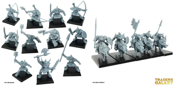 A collection of ten grey plastic orc miniatures is displayed on black bases, showcasing various poses and weapons. The orcs are equipped with a mix of weapons, including bows, swords, axes, and shields, highlighting their battle-ready stance. Each figure features distinct facial expressions and armor details, emphasizing their fierce and aggressive nature.