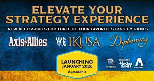 A promotional graphic features the text "ELEVATE YOUR STRATEGY EXPERIENCE" in bold, gold lettering against a textured blue background. Below, the names of three strategy games—"Axis and Allies," "IKUSA," and "Diplomacy"—are displayed in white and gold fonts. A yellow badge at the bottom reads "LAUNCHING JANUARY 2026" with the Backerkit logo, indicating the upcoming campaign for game accessories.