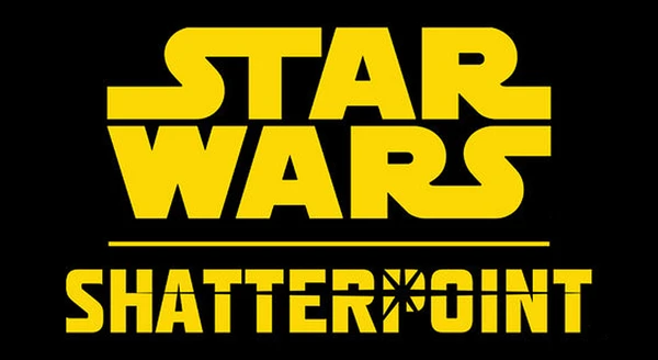 The image features the iconic "Star Wars" logo in bold yellow letters, prominently displayed against a black background. Below the "Star Wars" text, the word "SHATTERPOINT" is presented in a similar yellow font, with a distinctive starburst design on the letter "T." This design emphasizes the title and aligns with the theme of the Star Wars universe.