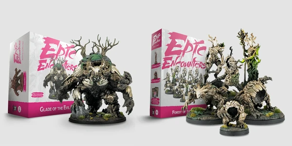 A detailed miniature of a large, menacing creature resembling a twisted tree stands prominently on the left, showcasing intricate textures and features like gnarled branches and a mossy base. To the right, the box for "Epic Encounters: Forest of the Damned" is displayed, featuring vibrant artwork and images of additional miniatures included in the set. The overall color scheme includes earthy tones, emphasizing the forest theme of the release.