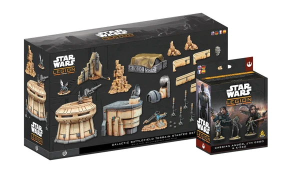 A display featuring two new Star Wars: Legion packs. The top pack, labeled "Battlefield Terrain Starter Set," showcases various terrain pieces, including modular buildings and scatter elements, designed with a Star Wars aesthetic. The bottom pack, titled "Cassian Andor, Jyn Erso & K-2SO," features three character miniatures alongside artwork of the characters, emphasizing their roles in the Star Wars universe.