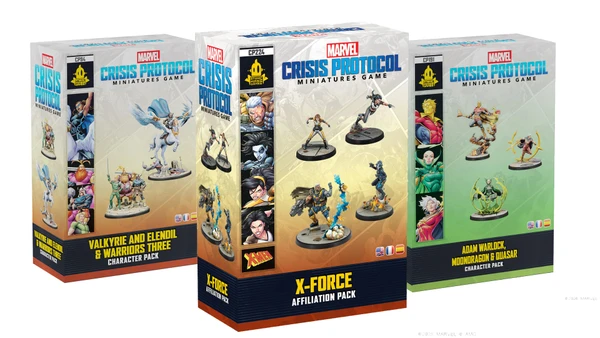 Three boxes of the "Marvel Crisis Protocol Miniatures Game" are displayed. The central box features the "X-Force Affiliation Pack," showcasing miniatures of characters like Cable and Domino, with vibrant colors and dynamic poses. The other two boxes on either side include "Adam Warlock & Moondragon" and "X-23," each adorned with artwork of their respective characters and game branding.