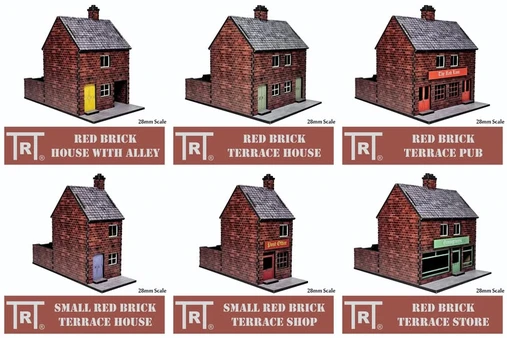A collection of six 28mm scale MDF buildings is displayed, featuring a red brick design. The buildings include a "Red Brick House with Alley," "Red Brick Terrace House," "Red Brick Terrace Pub," "Small Red Brick Terrace House," "Small Red Brick Terrace Shop," and "Red Brick Terrace Store." Each building showcases distinct features, such as varying door colors and signage options, suitable for various historical genres.
