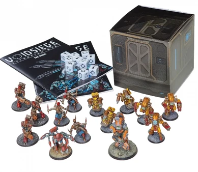 A collection of detailed resin miniatures from the Sythopian Wars starter set titled "VoidSiege" is displayed prominently. The scene includes various character models and units, such as the Asylumist N-Force and the Confederation forces, arranged around two copies of the 28-page rulebook and a set of dice. A box featuring futuristic design elements is also present, adding to the thematic presentation of the game.