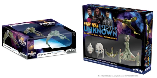 A boxed set titled "Star Trek: Into the Unknown - Rising Tensions Campaign Expansion" features a vibrant design with images of iconic characters, including Klingons and Federation officers. To the left, a separate box displays a cloaked starship model, labeled "Star Trek: The Next Generation - Cloaked Edition." The right side of the image showcases detailed miniatures of various starships, including a Klingon Bird-of-Prey and Federation vessels, emphasizing the game's focus on exploration and battle in the Alpha Quadrant.