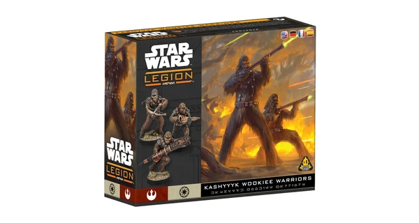 A box for the "Star Wars: Legion" game features a dynamic illustration of Kashyyyk Wookiee warriors in action, with two prominent Wookiees wielding blasters amidst a fiery backdrop. The left side of the box displays three detailed miniatures of Wookiee warriors, showcasing their distinctive fur and weaponry. The title "Kashyyyk Wookiee Warriors" is prominently displayed at the bottom, along with the game's branding and logos.