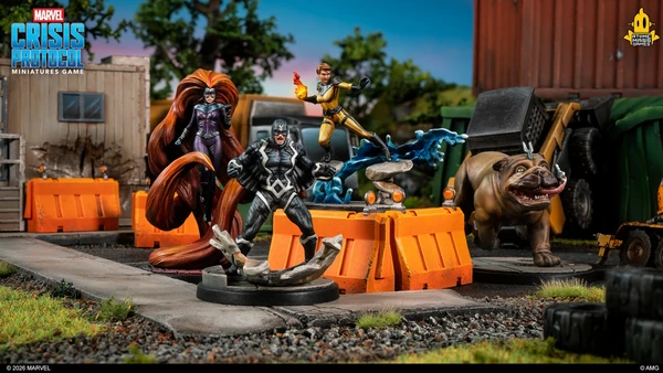 A dynamic scene features four miniatures from the Marvel: Crisis Protocol game, showcasing Black Bolt, Medusa, Crystal, and Lockjaw. Black Bolt stands in a heroic pose, wearing a black and silver costume, while Medusa, in a yellow and black outfit, is depicted with flames in her hand. Lockjaw, a large bulldog-like creature, is positioned nearby, with vibrant blue water effects swirling around the characters, set against a backdrop of industrial elements like orange barricades and a green container.