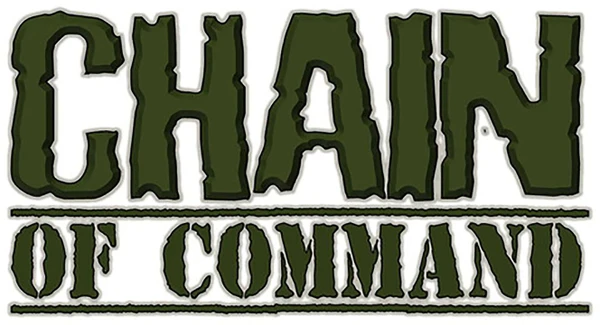 The image features the title "CHAIN OF COMMAND" prominently displayed in a bold, stylized font. The letters are primarily in a dark green color, with a rugged, military-inspired design. Below the title, the word "COMMAND" is presented in a slightly smaller size, maintaining the same color scheme and style, emphasizing the theme of the WWII skirmish game.