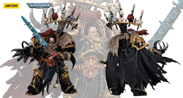 A highly detailed action figure of Abaddon the Despoiler from Warhammer 40,000 is showcased, featuring intricate armor adorned with gold and black accents. He wields a blue sword and is accompanied by the Talon of Horus, with a dramatic cape and a headdress decorated with skulls. The background features a faint image of Abaddon, emphasizing his imposing presence and the chaotic aesthetic of the character.