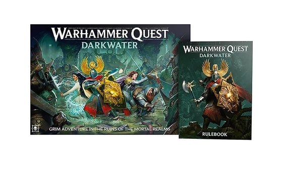 The image features the box art for "Warhammer Quest: Darkwater," showcasing a dynamic scene of heroes engaged in battle against various foes in a dark, murky environment. Prominent characters include a knight with a lion-emblazoned shield, a warrior wielding a spear, and a female character with flowing hair, all set against a backdrop of ominous creatures and ruins. To the right, the rulebook is displayed, featuring similar artwork and the title "Warhammer Quest: Darkwater."
