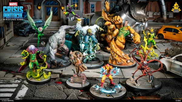 A dynamic scene features a group of iconic Spider-Man villains from the Marvel: Crisis Protocol game, set against a detailed urban backdrop. Prominent figures include Mysterio in a green and purple costume, the hulking Lizard, and Kraven the Hunter, all depicted in vibrant colors and intricate miniature detail. The setting includes a damaged street with a vehicle and a warning sign that reads "DANGER DO NOT ENTER THE ANIMALS," enhancing the dramatic atmosphere.