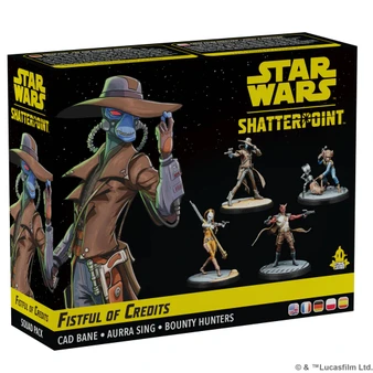 A box for the "Fistful of Credits" expansion for Star Wars: Shatterpoint features vibrant artwork of several bounty hunters. Prominently displayed is Cad Bane, a blue-skinned character wearing a wide-brimmed hat and a long coat, alongside Aurra Sing, who is depicted in a striking outfit. Other characters, including a Chadran-Fan, Todo 360, and a Devaronian, are shown in dynamic poses, emphasizing their roles as Secondary and Supporting Units. The box design includes the Star Wars and Shatterpoint logos, with a color scheme of black, yellow, and blue.