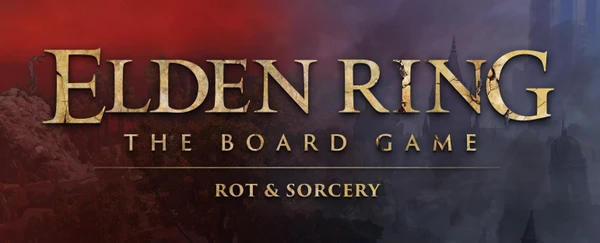 The image features the title "ELDEN RING: THE BOARD GAME" prominently displayed in a bold, metallic font, with the subtitle "ROT & SORCERY" beneath it. The background transitions from deep red to dark purple, evoking a sense of mystery and decay, while subtle textures suggest a fantastical landscape. The overall design reflects the themes of the Elden Ring universe, hinting at adventure and exploration.
