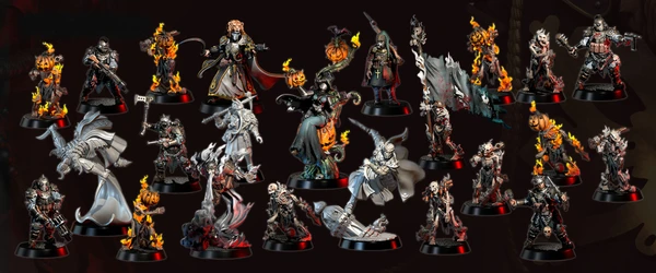 A collection of ten intricately designed miniatures from the Weird War I series is displayed against a dark background. The figures include a mix of undead and fantastical characters, such as a pumpkin-headed figure, a skeletal warrior, and a witch, all featuring dynamic poses and detailed sculpting. Each miniature showcases unique elements like flowing robes, weapons, and flame effects, emphasizing their dark fantasy theme, with the text "OCTOBER 2025" prominently featured at the top.
