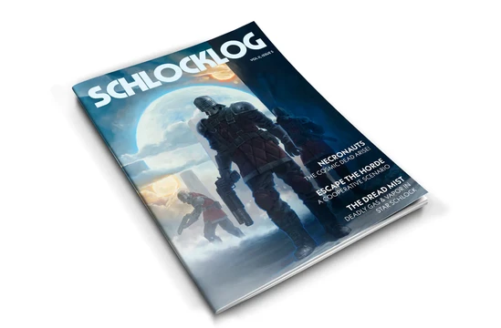 A magazine titled "Schlocklog Vol. 6" is prominently displayed, featuring a dynamic cover illustration. The cover depicts three armored figures in a sci-fi setting, with a large, glowing moon in the background. Text on the cover highlights features such as "Necronauts," "Escape the Horde," and "The Dread Mist," indicating the content within the magazine related to the Star Schlock tabletop game.