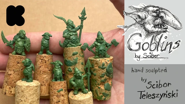A collection of hand-sculpted goblin miniatures is displayed on cork bases, showcasing various poses and weapons, including a goblin wielding a spear and another with an axe. The miniatures are painted in a green hue, emphasizing their mischievous character. To the right, an illustration of a goblin's face accompanies the text "Goblins by Scibor" and "hand sculpted by Scibor Teleszyński."