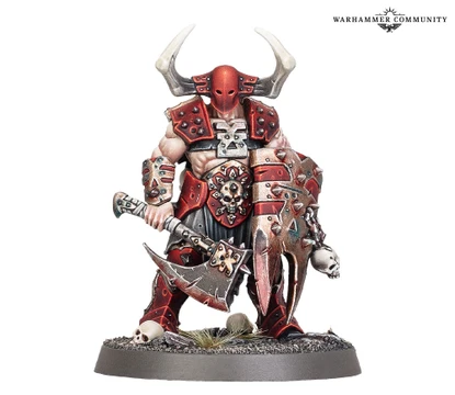 A muscular warrior stands prominently, adorned in red and black armor with sharp spikes and skull motifs. He wields a large, menacing axe in one hand and a shield with jagged edges in the other, both showcasing intricate detailing. His head is covered by a horned helmet, and he stands on a rocky base with sparse grass and skulls scattered around.