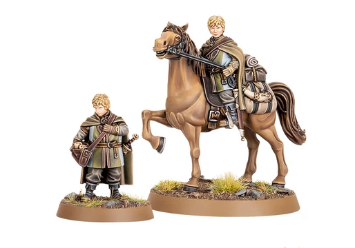 A miniature figure of Lief, a page from Rohan, stands beside a mounted version of himself on a brown horse. The standing figure is dressed in a green and brown cloak, holding a satchel, while the mounted figure wears similar attire and holds the reins of the horse. Both figures are set on a base with tufts of grass and small rocks, emphasizing their connection to the Rohan landscape.