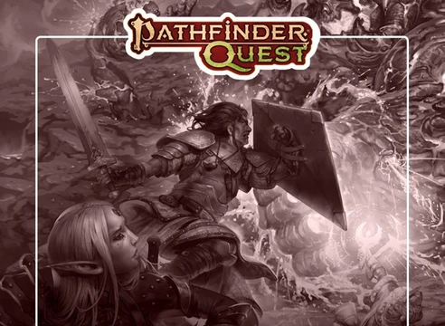 A dynamic illustration features a fierce battle scene from Pathfinder Quest, showcasing a warrior in armor wielding a sword and shield, engaged in combat against a chaotic backdrop of swirling magical energy and monstrous foes. In the foreground, an elf character looks on, adding to the sense of urgency and adventure. The title "Pathfinder Quest" is prominently displayed at the top in a bold, stylized font.