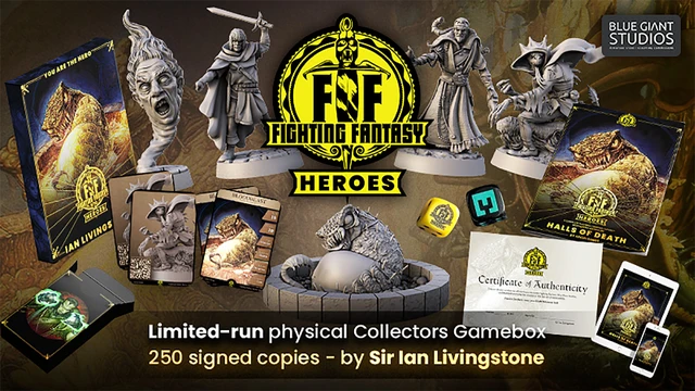 A collection of Fighting Fantasy miniatures is displayed prominently, featuring various characters and creatures from the gamebooks, including a wizard and a villain in cloaks. In the foreground, a detailed miniature of a creature called Bloodbeast is accompanied by its stat card. The scene also includes branded dice, a certificate of authenticity, and a decorative gamebox, all set against a dark background with the Fighting Fantasy Heroes logo prominently featured.