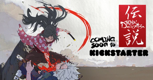 A dynamic illustration features a fierce battle scene with a warrior in a red kimono wielding a katana, poised over a fallen opponent with white hair. The background is a muted landscape, enhancing the dramatic red splashes that suggest movement and intensity. The text "COMING SOON TO KICKSTARTER" is prominently displayed alongside the title "Rōnin Densetsu" in stylized characters, emphasizing the upcoming expansion.