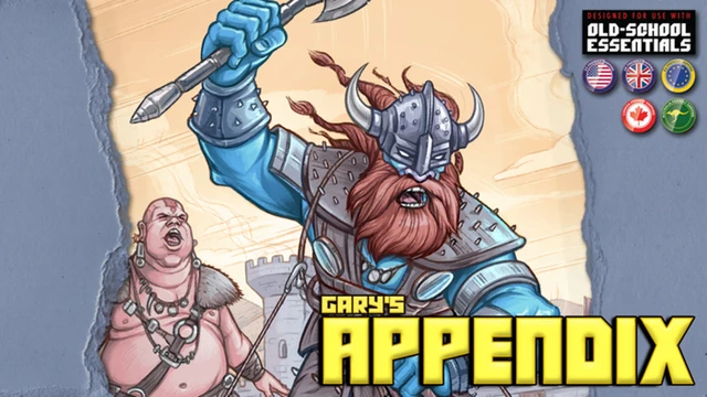 A muscular giant with a long red beard and a horned helmet wields a large weapon, showcasing a fierce expression. He is dressed in armor adorned with spikes and is set against a light-colored background that suggests a fantasy landscape. The title "GARY'S APPENDIX" is prominently displayed at the bottom in bold yellow letters, accompanied by icons indicating its compatibility with Old-School Essentials.