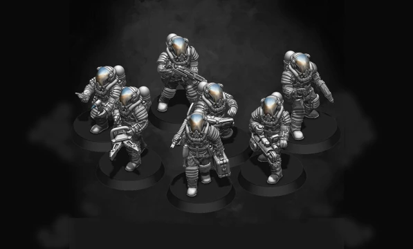 A group of six sci-fi miniatures, each wearing detailed space suits with reflective helmets, is arranged on circular bases. The figures are posed in various stances, some holding weapons while others appear to be gesturing or preparing for action. The miniatures are rendered in a monochromatic color scheme, highlighting their intricate designs and features.