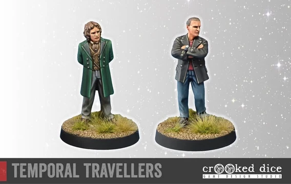 A pair of miniature figures titled "Temporal Travellers" stands on a textured base with tufts of grass. On the left, a figure in a green coat and vest has curly hair and a confident stance, while on the right, a figure in a black jacket with crossed arms and short hair presents a more serious demeanor. The background features a subtle starry effect, enhancing the theme of time travel.