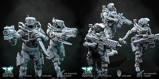 Three futuristic military robots are displayed in a dynamic arrangement, each featuring a slim, minimal steel frame with articulated joints. The robots are equipped with heavy assault rifles and one is holding a drone, showcasing a variety of poses and head designs. The models have a modernist aesthetic, suitable for settings in modern warfare, post-apocalyptic, cyberpunk, or sci-fi games, with a dark background enhancing their striking appearance.