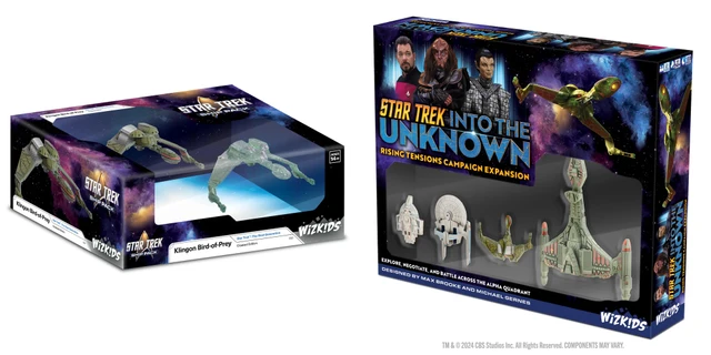 A boxed set titled "Star Trek: Into the Unknown - Rising Tensions Campaign Expansion" features a vibrant design with images of iconic characters, including Klingons and Federation officers. To the left, a separate box displays a cloaked starship model, labeled "Star Trek: The Next Generation - Cloaked Edition." The right side of the image showcases detailed miniatures of various starships, including a Klingon Bird-of-Prey and Federation vessels, emphasizing the game's focus on exploration and battle in the Alpha Quadrant.