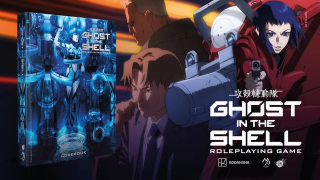 A dynamic illustration features characters from the "Ghost in the Shell" universe, prominently displaying a female character with short blue hair, wielding a gun, and wearing a red outfit. In the background, a male character in a suit appears alongside another character with a cybernetic arm, set against a backdrop of futuristic technology and neon lights. The title "GHOST IN THE SHELL ROLEPLAYING GAME" is boldly featured, along with additional text in both English and Japanese.