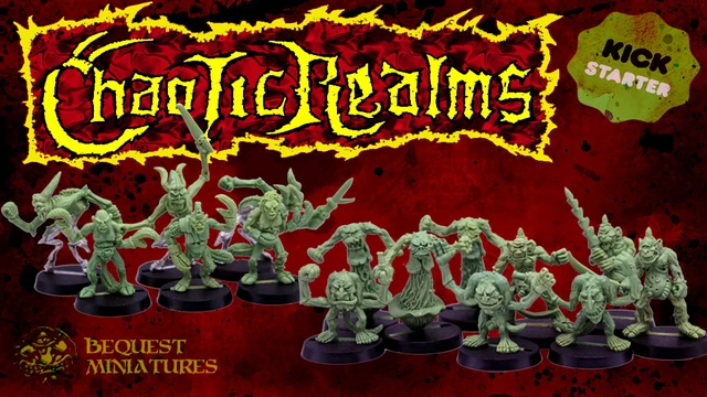 A collection of hand-sculpted miniatures from beQuest Miniatures is displayed, featuring various chaotic critters in dynamic poses. The miniatures are cast in a green material and are set against a dramatic red background, with the title "Chaotic Realms" prominently featured in a bold, stylized font. The beQuest logo is visible in the lower left corner, adding to the overall thematic presentation.