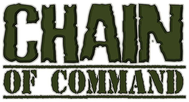 The image features the title "CHAIN OF COMMAND" prominently displayed in a bold, stylized font. The letters are primarily in a dark green color, with a rugged, military-inspired design. Below the title, the word "COMMAND" is presented in a slightly smaller size, maintaining the same color scheme and style, emphasizing the theme of the WWII skirmish game.