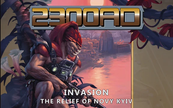 A humanoid alien with red skin and a distinctive crest is prominently featured, holding a futuristic weapon. The background depicts a sunset over a futuristic cityscape, hinting at a conflict zone. The title "2300AD" is displayed at the top, with the subtitle "INVASION: THE RELIEF OF NOVY KYIV" below, emphasizing the theme of the campaign.