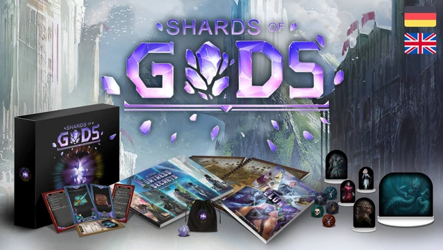 A black box labeled "SHARDS OF GODS" is prominently displayed in the foreground, surrounded by various game components including pre-generated character cards, tokens, and a unique D20 die. In the background, several books are visible, including an adventure book titled "The Fortress of Secrets," alongside battle maps. The scene is set against a mystical backdrop featuring ethereal elements and shards, enhancing the fantasy theme of the game.