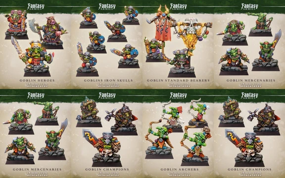 A collection of colorful goblin miniatures is displayed, featuring various character types including heroes, champions, standard bearers, and Iron Skulls. Each miniature is intricately designed, showcasing unique details and poses, with vibrant colors that highlight their personalities. The bottom section includes goblin archers and mercenaries, all presented on 25mm square bases, emphasizing their role in a fantasy warband or army.