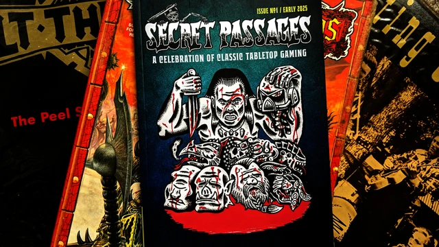 A striking cover of "Secret Passages" features a bold, graphic illustration of a fierce warrior holding a dagger, surrounded by a collection of grotesque, stylized heads and skulls, all set against a dark background. The title "SECRET PASSAGES" is prominently displayed at the top in a jagged, eye-catching font, with the subtitle "A Celebration of Classic Tabletop Gaming" below it. The overall color scheme includes deep reds and blacks, enhancing the dramatic and edgy aesthetic of the design.