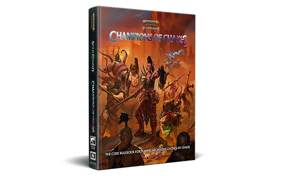 A 3D-rendered image of the "Champions of Chaos" rulebook, prominently displaying its cover art. The cover features a dynamic scene with various Chaos warriors, including a mix of armored figures and monstrous beings, set against a fiery, chaotic background. The title "Champions of Chaos" is boldly displayed at the top, with the subtitle indicating it is the core rulebook for playing Archons' Chosen of Chaos.
