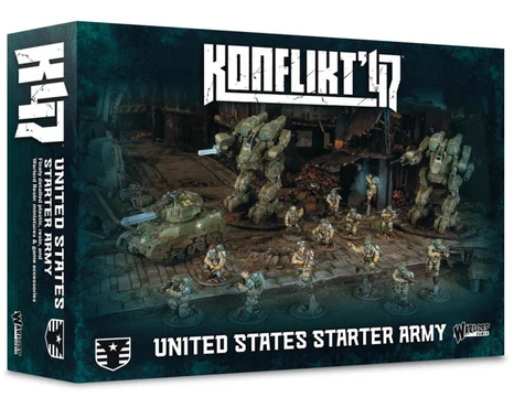 A box for the "Konflikt '47 United States Starter Army" features a detailed illustration of a battlefield scene. Prominently displayed are a U.S. tank and a large mecha, surrounded by several miniature soldiers in futuristic uniforms. The box design includes bold text with the game's title and a description of the contents, set against a dark, atmospheric background.