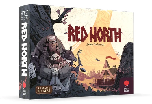 A game box for "Red North" features a stylized illustration of three warriors, including a large bearded figure and a smaller character, set against a backdrop of a Norse-inspired landscape with a tent and a large tree. The title "RED NORTH" is prominently displayed in bold red letters, with the designer's name, James Dickinson, below it. The box also includes the logos for Mighty Boards and La Mame Games.