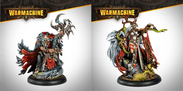 The image features two intricately designed miniatures from the Warmachine Khador Old Umbrey Auxiliary Expansion. On the left, a figure with a skeletal, branch-like appearance holds a staff, adorned with various textures and details. On the right, a witch, Olesea Reznikova, is depicted in a dynamic pose, wearing a mix of armor and flowing garments, with a serpent coiling around her arm and a dramatic backdrop of fur and foliage. Both miniatures are set against a light gradient background, emphasizing their detailed craftsmanship.