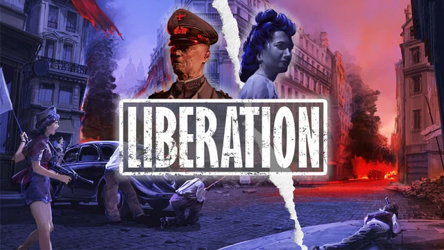 A dramatic illustration depicts a divided scene representing the conflict between Nazi occupiers and the French Resistance in Paris. On the left, a stern Nazi officer in a military uniform stands prominently, while on the right, a woman with dark hair and a determined expression symbolizes the Resistance. The background features a chaotic urban landscape with smoke and flames, and the word "LIBERATION" is boldly displayed across the center, emphasizing the game's theme.
