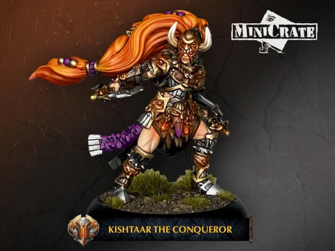Kishtaar the Conqueror is depicted as a fierce warrior in ornate brass-faced armor adorned with intricate details and horned accents. She has long, flowing orange hair and stands confidently on a textured base with patches of grass. The figure is posed dynamically, holding a weapon in one hand, emphasizing her role as a powerful leader in the Warmachine universe. The name "KISHTAAR THE CONQUEROR" is displayed prominently at the bottom of the image.
